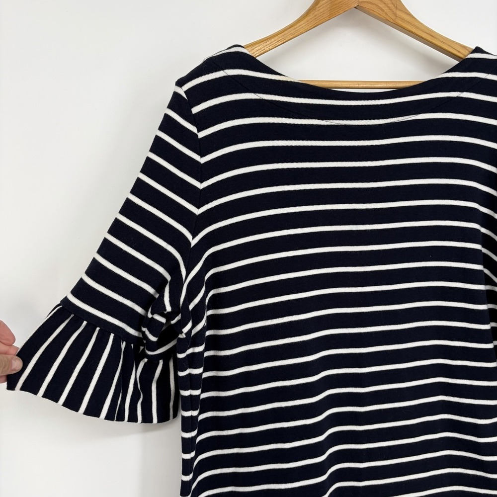 Talbots Striped Bell Sleeve Shift Dress XL Cotton Navy White Nautical Summer - Picture 2 of 10
